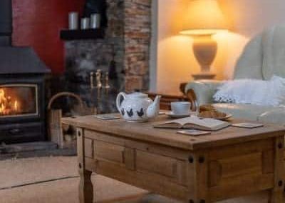 cosy living room with croissants and pot of tea on a table in front of a roaring log fire (2)